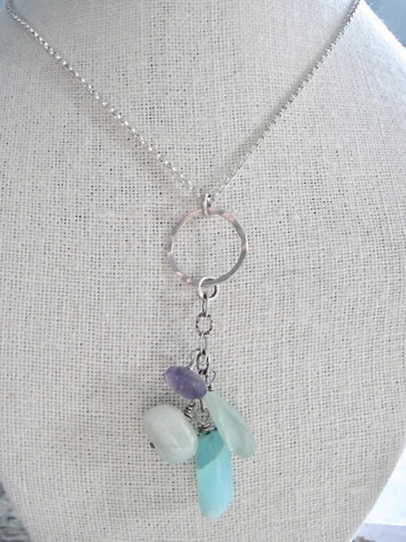 Gemstone Charm Necklace, Sterling Silver, Aquamarine, Amethyst, Opal
