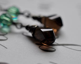 Smoky Quartz and Swarovski Crystal Earrings, Oxidized Patina