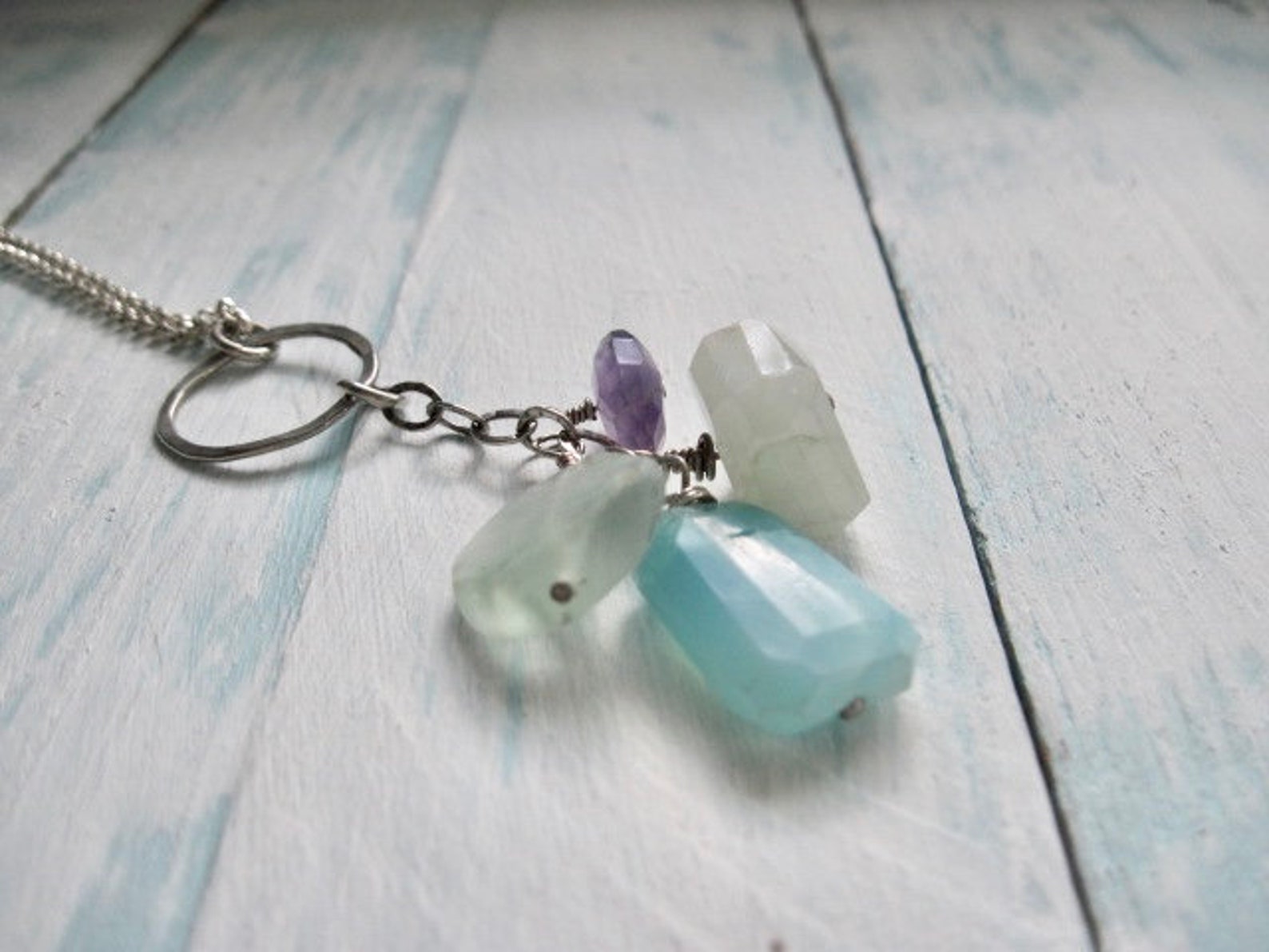 Gemstone Charm Necklace, Sterling Silver, Aquamarine, Amethyst, Opal