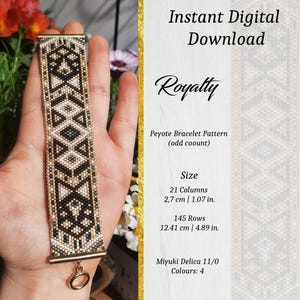 Pattern Miyuki Delica - Royalty - Odd Peyote Geometric Design, Gold Black White Grey, Tutorial PDF Rocailles Elegant Smart