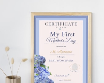 Personalized My First Mother’s Day Certificate Printable | Baby Fingerprint Art | New Mom Gift | Instant Download Keepsake - Blue
