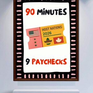Puede incluir: Un póster enmarcado con las palabras "90 MINUTES" y "9 PAYCHECKS" en rojo. Un gráfico de boleto presenta las banderas de EE. UU., México y Canadá, con el texto "HOST NATIONS 2026". El marco tiene un borde en blanco y negro.
