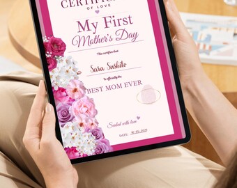 Personalized My First Mother’s Day Certificate Printable | Baby Fingerprint Art | New Mom Gift | Instant Download Keepsake | Pink Flowers