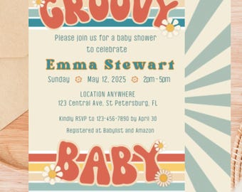 Groovy Baby Shower Invitation, 70s Theme (Editable Template)