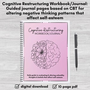Puede incluir: Un cuaderno digital de descarga en rosa y blanco con un cerebro y flores en la portada. El título es "Cognitive Restructuring Workbook/Journal". El texto debajo del título dice "Guía diaria para evaluar y alterar pensamientos y creencias poco saludables que afectan la autoestima".