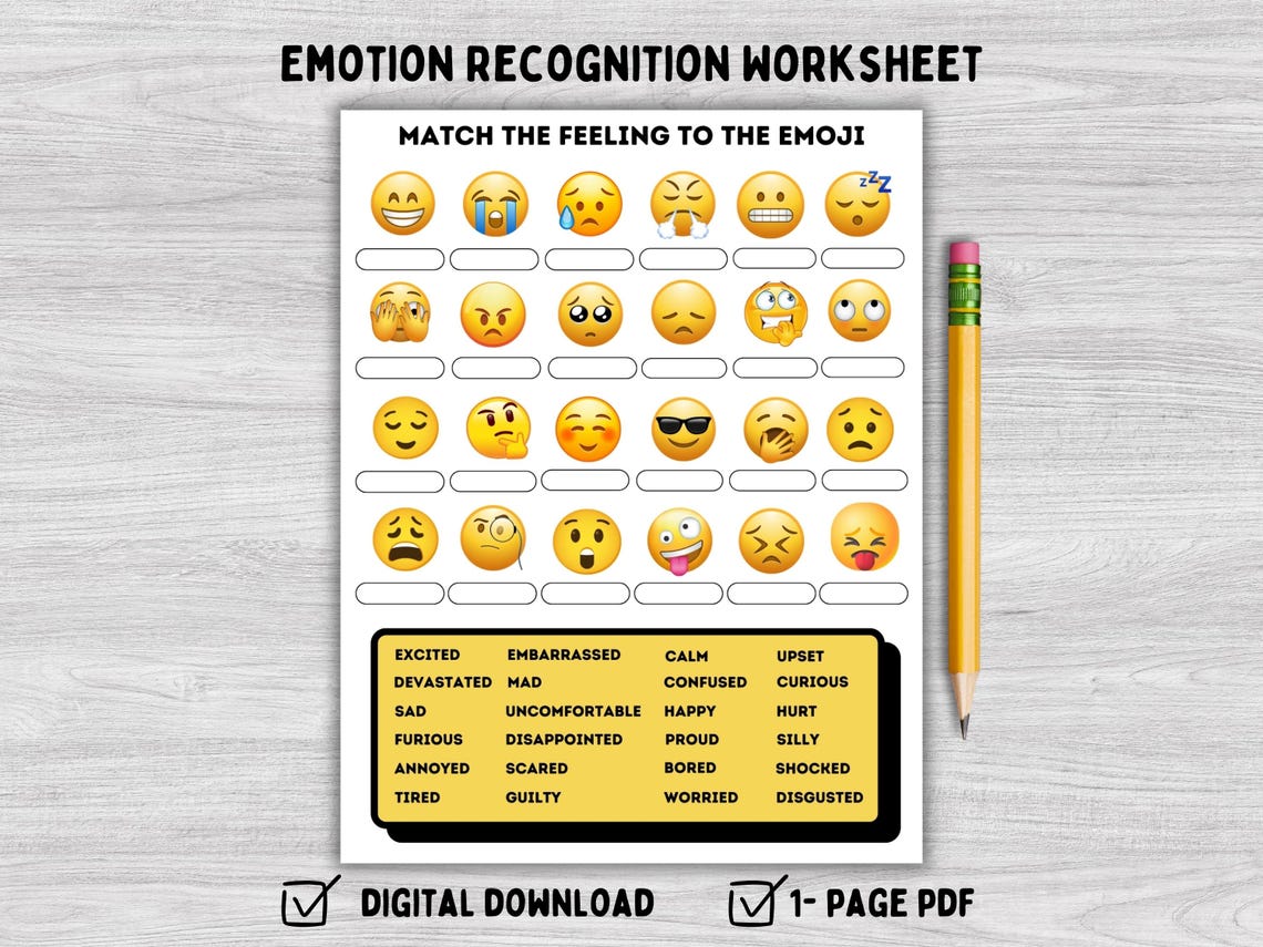 Emotion Recognition Worksheet for Kids: Match the Feeling to the Emoji ...