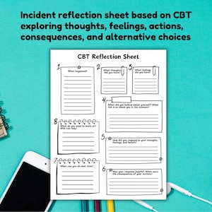 Puede incluir: Una hoja de trabajo imprimible en blanco y negro titulada "Hoja de reflexión CBT" con ocho secciones numeradas para reflexionar sobre pensamientos, sentimientos, acciones y consecuencias.