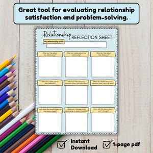 Może przedstawiać: Drukowana karta pracy zatytułowana "Arkusz refleksji nad relacjami" z jasnoniebieskim tłem i żółtymi polami. Karta pracy zawiera dziewięć sekcji z pytaniami do refleksji nad relacjami.