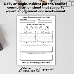 Puede incluir: Hoja de comunicación imprimible en blanco y negro para profesores y padres. La hoja incluye secciones para el nombre del estudiante, la fecha, el tono general del día, los aspectos positivos de hoy, los desafíos de hoy, las cosas que se deben abordar con el niño en casa y las preguntas, inquietudes o comentarios de los padres. La hoja también incluye una casilla de verificación para la descarga digital y una casilla de verificación para un PDF de 1 página.