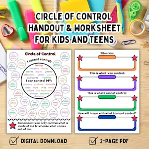 May include: A two-page printable worksheet for kids and teens titled "Circle of Control" with a colorful circle diagram on the first page and a worksheet on the second page. The worksheet helps children identify what they can and cannot control in different situations.