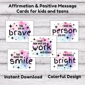 Affirmation cards: printable positive message cards for kids and teens for positive self-esteem & encouragement, colorful design