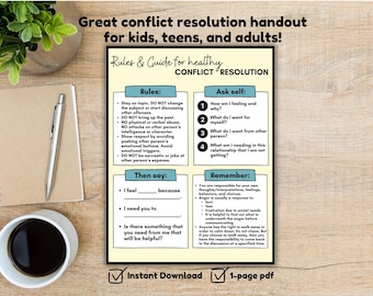 Hoja de recursos para la resolución de conflictos: material de aprendizaje psicoeducativo y socioemocional que enseña habilidades saludables para la resolución de conflictos