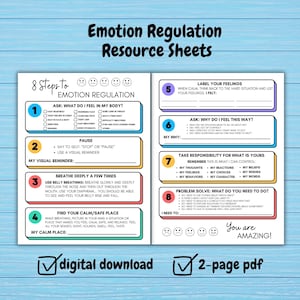May include: Two-page printable worksheet with 8 steps to emotion regulation. The worksheet is in a colorful design with a checklist for each step. The steps include: Ask: What do I feel in my body?, Pause, Breathe deeply a few times, Find your calm/safe place, Label your feelings, Ask: Why do I feel this way?, Take responsibility for what is yours, and Problem solve: What do you need to do? The worksheet also includes the text "You are amazing!"