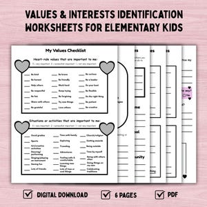 Pode incluir: Um conjunto de seis folhas de trabalho imprimíveis intituladas Values & Interests Identification Worksheets for Elementary Kids. As páginas apresentam texto preto em papel branco, incluindo uma lista de valores com ícones de corações.