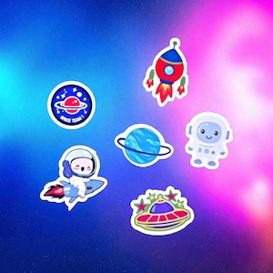 Set of 6 Cute Space Sticker Set – Rocket, Astronaut, UFO & Planet Vinyl Stickers | Space Themed Kids Stickers | Die-Cut Stickers