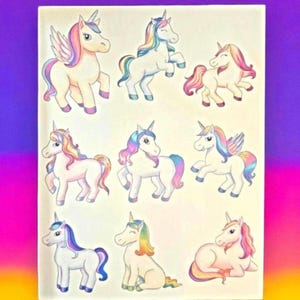 Sheet of 9 Magical Unicorn Stickers,  Glossy Vinyl Stickers, Cute Pastel Unicorn Decals for Laptops, Journals, Scrapbooking & Kids’ Gifts