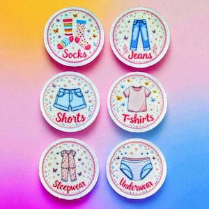Kids Drawer Labels Set of 6, Nursery Dresser Organization Stickers, Visual Clothing Labels for Toddlers and girls, Wardrobe Decals