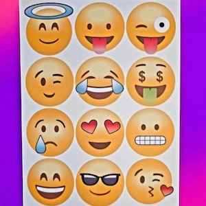 Sheet of 12 Emoji stickers, emoticon stickers, expressive stickers, fun stickers, happy face stickers, laptop stickers,stickers,kids