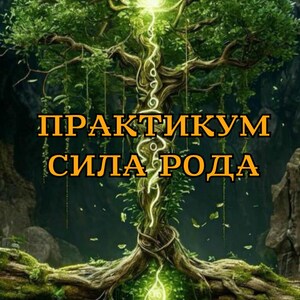 May include: A stylised image of a tree with glowing green vines, a waterfall, and the text "ПРАКТИКУМ СИЛА РОДА".