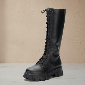 Women’s Knee High Combat Boots | Chunky Platform Lace Up Boots | Goth Punk Biker| Autumn Winter Shoes | Comfortable Flat Heels | Multi-color