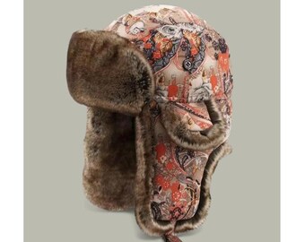 Chapéu Ushanka Floral Trapper – Chapéu Russo de Inverno com Pele, Chapéu Bomber Quente com Protetores de Orelha, Chapéu de Neve Unissex