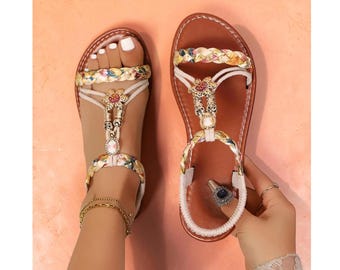 Boho Flache Sandalen Frauen, Geflochtene Riemen Strand Sandalen, Strassstein-Sommerschuhe, Boho Wohnungen, Festival Sandale Geschenk für Sie