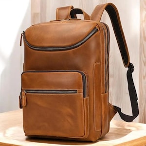 Personalized Genuine Leather Backpack, Cowhide Laptop Bag, Travel Work Backpack, Handmade Engraved Gift for Men & Women