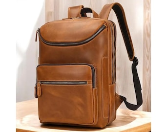 Mochila personalizada para laptop em couro, bolsa de viagem/trabalho em couro bovino, feita à mão.