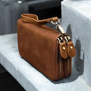 Leather Clutch Wallet Purse for Women & Men – Vintage Zipper Purse, Holds 6” Phone, Cards, Cash – Gift for Her/Him