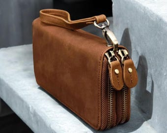 Carteira de couro Clutch para mulheres e homens – Bolsa vintage com zíper, comporta telefone de 6”, cartões, dinheiro – presente para ela/ele