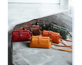 Bolsa de couro vintage feita à mão com bolsos - presente para ela