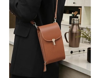 Bolsa transversal de couro para celular – carteira tipo bolsa tiracolo com vários bolsos