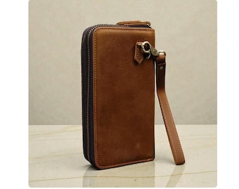 Carteira de pulso unissex em couro legítimo de vaca com zíper, organizador duplo com compartimento para celular, porta-cartões, visor para documento de identidade e bolso para moedas.