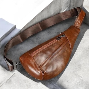 Genuine Leather Cowhide Sling Bag Crossbody Chest Bag Travel Shoulder Bag Durable Weekender Work Hike Fathers Day Gift Mens Unisex Travel