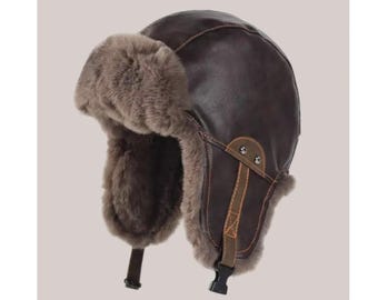 Chapéu estilo aviador em couro vegano com forro de pele sintética – Chapéu de inverno unissex com proteção para as orelhas, ideal para neve e clima frio.