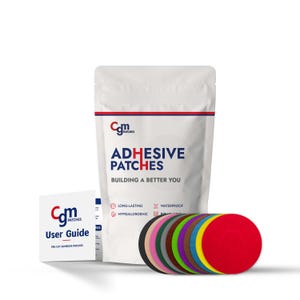May include: A package of pre-cut adhesive patches with a user guide. The package is white with blue and red text that reads "Com Patches Adhesive Patches Building a Better You". The patches are in a variety of colors, including red, orange, yellow, green, blue, purple, and brown.