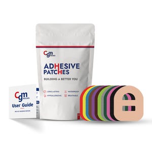 May include: A white pouch of adhesive patches with the text "ADHESIVE PATCHES" and "BUILDING A BETTER YOU". A user guide and a stack of multi-colored patches are also visible. The patches are waterproof, breathable, and hypoallergenic.