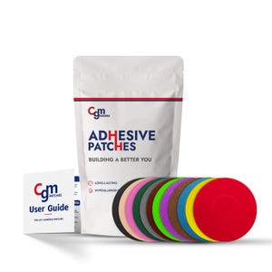 May include: A package of pre-cut adhesive patches for building a better you. The package is white with red and blue text that says "Com Patches Adhesive Patches Building a Better You". The package is next to a user guide and a variety of colored patches.