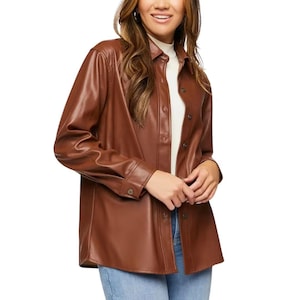 Women&#39;s Brown Leather Shirt | Customize Genuine Leather Shirt | Button Closure Leather Shirt For Women | Gift For Her | Bikers Leather Shirt
