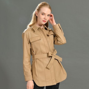 Women&#39;s Beige Leather Shirt | Trucker Style Leather Shirt | Button Closure Leather Shirt For Women | Gift For Her | Bikers Leather Shirt