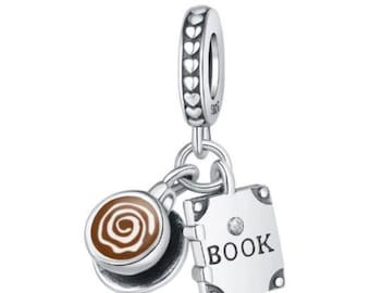 パンドラのコーヒーと本のチャーム（ブレスレット用）、100%純正925スターリングシルバーチャーム、最高のギフト、クリスマスギフト
