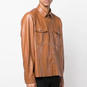 Women&#39;s Brown Leather Shirt | Trucker Style Leather Shirt | Button Closure Leather Shirt For Women | Gift For Her | Bikers Leather Shirt