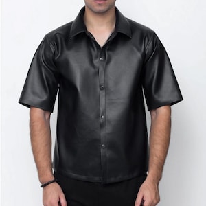 Leather Shirt For Men - Short Sleeve Shirt - Biker Leather Shirt -  Men&#39;s Streetwear Leather Shirt - Stylish Men Shirt - Black Shirt For Men
