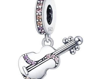 Charm Pandora de plata S925 - Charm de violín - Joyas con charm musical para pulsera y collar - Regalo para ella - Regalo de Halloween - Regalo de Navidad