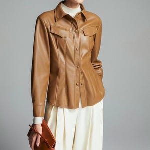 Women&#39;s Brown Leather Shirt | Customize Genuine Leather Shirt | Button Closure Leather Shirt For Women | Gift For Her | Bikers Leather Shirt