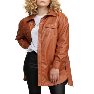 Women&#39;s Brown Leather Shirt | Customize Genuine Leather Shirt | Button Closure Leather Shirt For Women | Gift For Her Bikers Leather Shirt