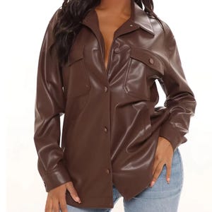 Women&#39;s Brown Leather Shirt | Customize Genuine Leather Shirt | Button Closure Leather Shirt For Women | Gift For Her | Bikers Leather Shirt