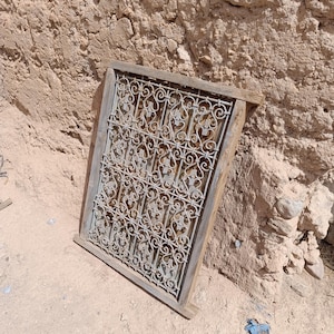Vintage Handmade Wrought Iron Window Grille with Wooden Frame – Rustic Wall Decor
