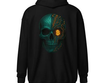 Crypto Zip Up Hoodie – Graffiti Bitcoin Logo + Teal Skull Circuit Board Design