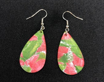 Large teardrop earrings green/pink/silver